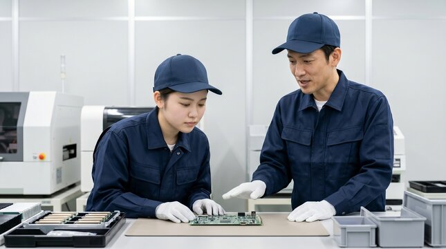 製造現場で電子部品の実装状態を確認しOJTによる技術指導を行う日本人男女の製造技術者