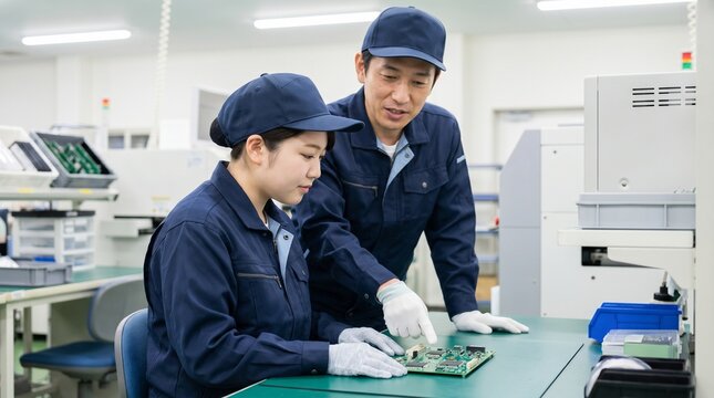 製造業の工場で精密機器の基板検査について先輩からOJT指導を受ける日本人女性作業員