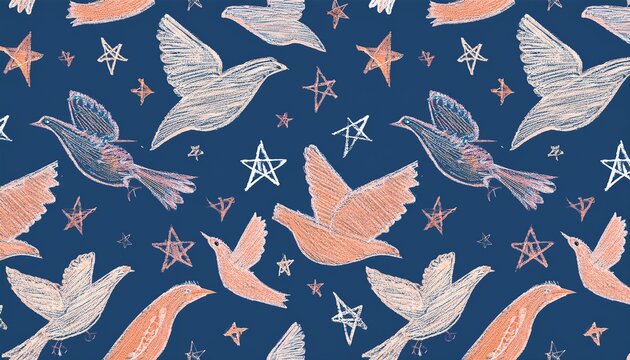 seamless pattern of bird silhouettes in pastel peach and cream on blue crayon bird with pink asterisk as a surface pattern for fabric naive dove and star in chalk sketch on seamless indigo