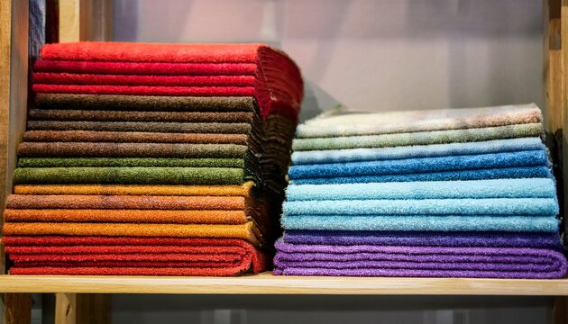 colorful carpets samples on the shelves