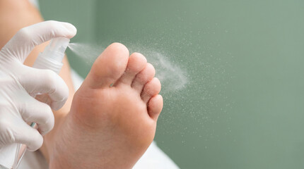 Naklejka premium Macro close up of medicinal antiperspirant nano mist spray application on foot for hyperhidrosis skin treatment