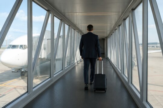 Business traveler walking through a jet bridge