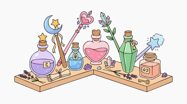 A collection of magical potions, wands, and crystals displayed on shelves, evoking a sense of fantasy and enchantment Isolated on white background