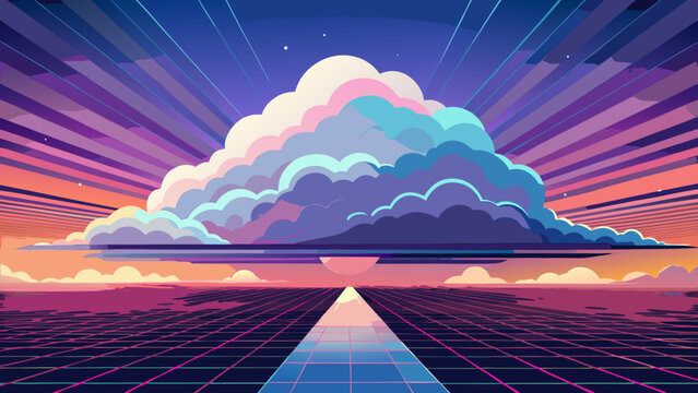 Retro synthwave landscape with glowing cloud and grid perspective sci fi synthwave retrowave vaporwave aesthetic perspective geometric nostalgia background colorful stylized illustration