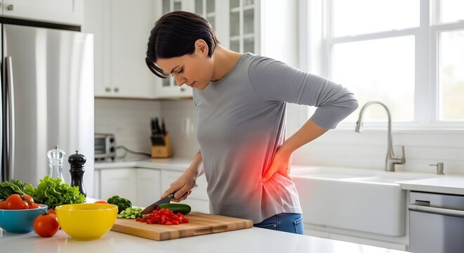 Person Experiencing Lower Back Pain While Cooking in Modern Home Kitchen