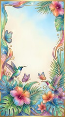 Fototapeta premium Colorful tropical frame with hummingbirds, butterflies, hibiscus flowers, and palm leaves in pastel watercolor style with gold accents.