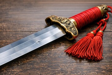 Naklejka premium A sword with a decorative tassel lying on a wooden table