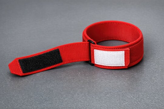 A close-up shot of a red strap with a white tag, suitable for use in fashion, accessory or packaging designs