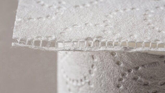 Closeup medium shot of bathroom tissue showing intricate fine perforation blades creating delicate tear lines for easy sheet separation in a soft textured paper roll.