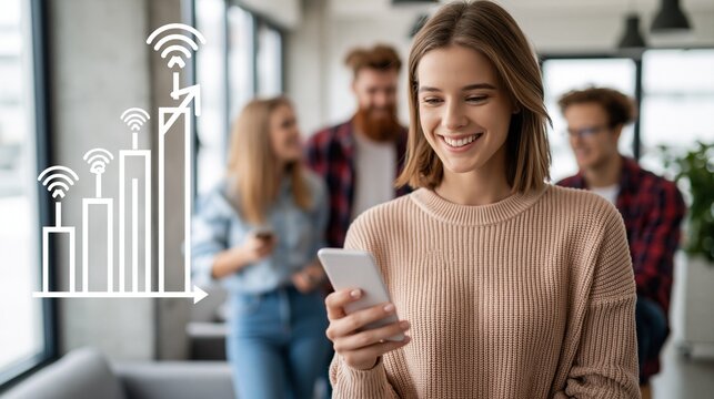 Three young adults compare mobile service benefits beside a clean upward bar chart and signal icons, modern office lounge, upbeat and competitive mood, bright studio lighting, wide composition with