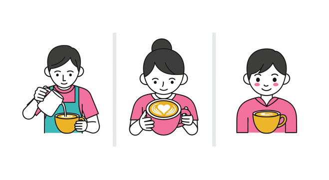 Barista pouring milk and people enjoying coffee latte art illustration