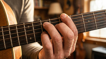 Fototapeta premium Closeup of male hand playing acoustic guitar chords in room