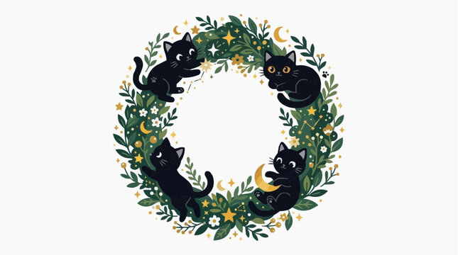 Four adorable black kittens playing within a whimsical green wreath decorated with stars and moons. Isolated on white background
