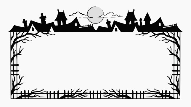 Spooky haunted house frame silhouette with bats and a full moon, perfect for Halloween designs.
 Isolated on white background
