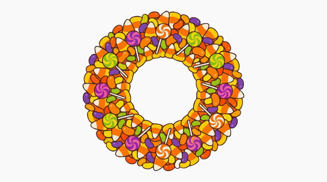 A festive Halloween wreath made of candy, including candy corn and lollipops, arranged in a circular pattern.
 Isolated on white background