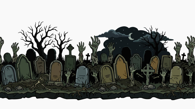 A creepy graveyard scene with tombstones and zombie hands rising from the ground under a spooky night sky.
 Isolated on white background