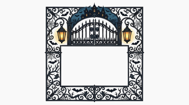 A spooky Halloween gate with a haunted house in the background. This decorative frame is perfect for adding a touch of fright to your holiday creations Isolated on white background