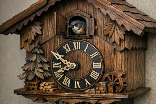 A traditional German-style cuckoo clock with a bird perched on top