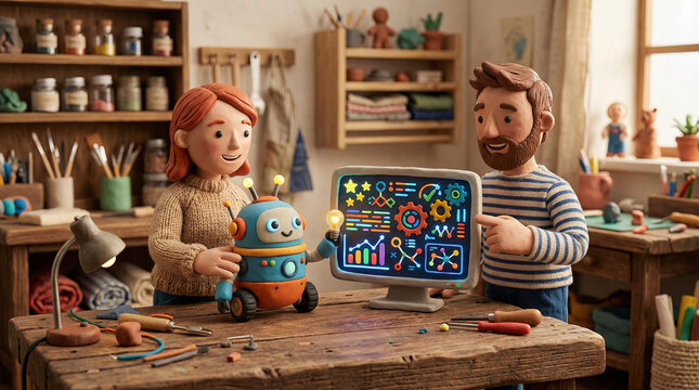 Childlike cartoon characters teaching a robot with educational screen in workshop room