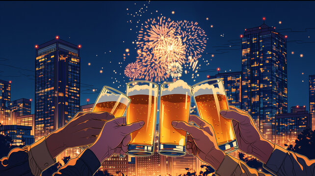 ビールグラス越しに花火と夜景を楽しむ夏のイラスト、乾杯、祝杯、祭り、花火大会、都市風景、ビル群、湖畔、海辺、山間、星空、夜空、旅行、観光、デート、友人、宴会、飲み会、休日、夏休み、レジャー、屋外イベント、納涼、リゾート、グルメ、パーティー、打ち上げ、広告、チラシ、ポスター、SNS、背景素材、商用利用、アニメ風、シティポップ、エモい、幻想的、華やか、風景素材、挿絵、サムネイル用、待受画面、記事用素材