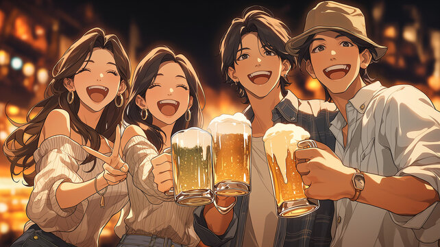 夜の街で仲間とビールを片手に乾杯する楽しげな若者のイラスト、飲み会、居酒屋、宴会、ジョッキ、笑顔、友情、交流、コミュニケーション、外食、グルメ、食事会、打ち上げ、懇親会、パーティー、休日、夜遊び、リラックス、青春、旅行、観光、夏休み、イベント、飲食店、広告、チラシ、ポスター、SNS、背景素材、人物素材、アニメ風、手描き風、商用利用、素材集、挿絵、待受画面、飲食素材、宴会素材、人物素材、販促用、告知