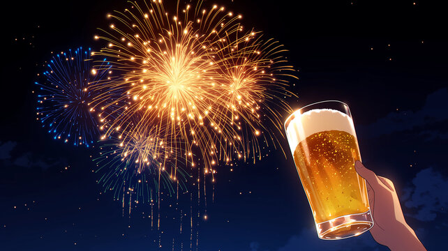 花火大会の夜にビールグラスを掲げる手元と街並みを描いたイラスト、夜景、祭り、乾杯、祝杯、夏イベント、観光、旅行、デート、友人、宴会、屋外、湖畔、山間、都市風景、星空、リゾート、納涼、夏休み、休日、レジャー、飲み会、グルメ、広告、チラシ、ポスター、SNS、背景素材、商用利用、アニメ風、シティポップ、エモい、幻想的、華やか、記念日、打ち上げ、夜遊び、風景素材、挿絵、サムネイル用、壁紙素材、動画素材集用