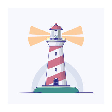 Flat design illustration of a red and white lighthouse with light rays