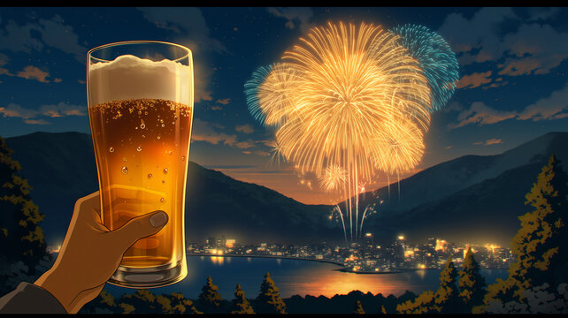 花火大会の夜にビールグラスを掲げる手元と街並みを描いたイラスト、夜景、祭り、乾杯、祝杯、夏イベント、観光、旅行、デート、友人、宴会、屋外、湖畔、山間、都市風景、星空、リゾート、納涼、夏休み、休日、レジャー、飲み会、グルメ、広告、チラシ、ポスター、SNS、背景素材、商用利用、アニメ風、シティポップ、エモい、幻想的、華やか、記念日、打ち上げ、夜遊び、風景素材、挿絵、サムネイル用、壁紙素材、動画素材集用