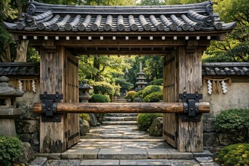 Fototapeta premium A wooden gate opens onto a stone pathway, perfect for use in scenes about entranceways or rustic settings