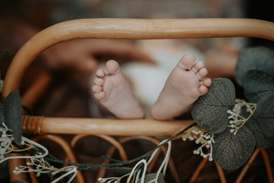 Petits pieds de nouveau-n&eacute; dans un berceau en rotin d&eacute;cor&eacute; de feuillage
