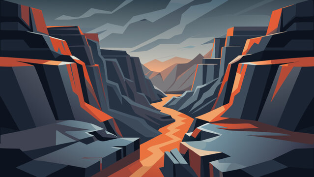 Dramatic rocky canyon gorge landscape with flowing river landscape mountains adventure outdoors wilderness formation abstract illustration background environment dramatic exploration