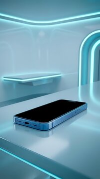 Modern smartphone with black screen displayed on white surface in futuristic room with glowing cyan neon lights and curved architectural elements, suitable for tech product showcases.