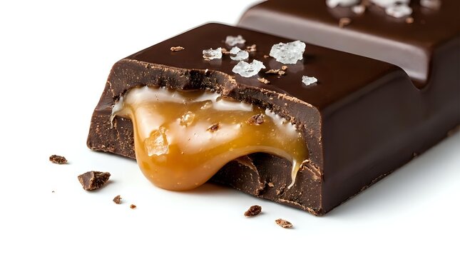 Chocolate candy bar with caramel filling and sea salt flakes, isolated on white background for confectionery packaging, advertising, and dessert design projects.