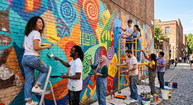 Diverse friends cooperating to paint vibrant abstract mural on urban brick wall.