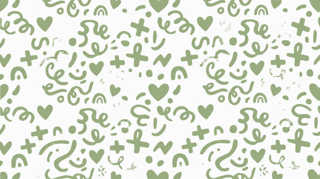 Cute Green Hand Drawn Doodles Seamless Pattern: Hearts, Rainbows, and Swirls