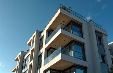 Obraz premium Modern apartment building with large windows and balconies against clear blue sky. Contemporary residential facade with geometric shapes and sleek design details.