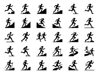 Fototapeta premium Running Sports Icons Set of People Jogging Hiking and Trail Running Vector Silhouettes