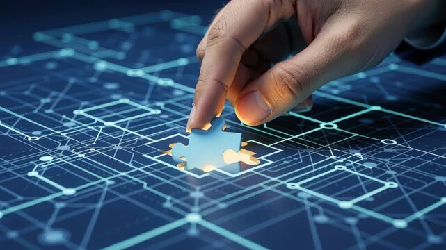Puzzle Piece Solution: A human hand carefully places a single puzzle piece into a glowing digital grid, symbolizing problem-solving, innovation, and technological integration.