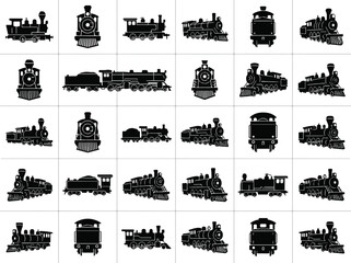 Obraz premium Train Locomotive Silhouette Icon Collection Perfect for Railway Design Elements