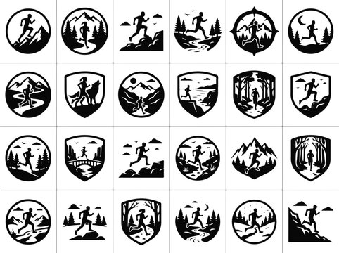 Trail Running Emblem Collection with Runners in Mountain Landscapes and Natural Settings