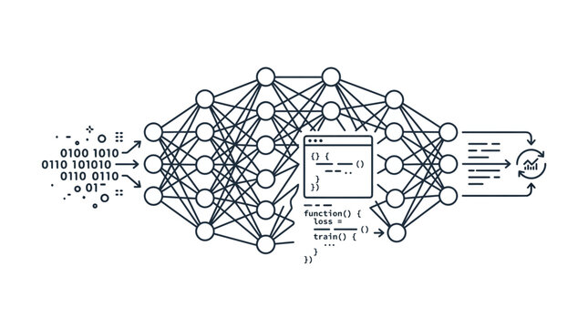 Black neural network diagram with code and binary data