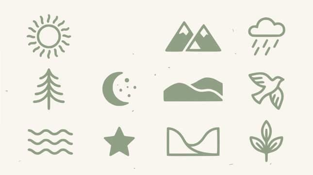 Nature Icons Set: Sun, Mountains, Rain, Tree, Moon, Hills, Bird, Waves, Star, Landscape, Leaf