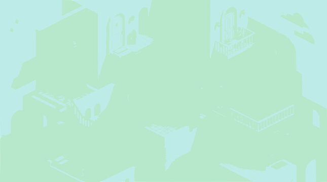 Isometric architecture, mint green and blue tones, abstract geometric building design