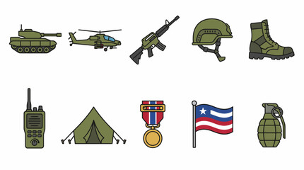 Naklejka premium Military and patriotic symbols flat vector icons set.