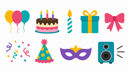 Naklejka premium Colorful birthday party icons and celebration symbols.