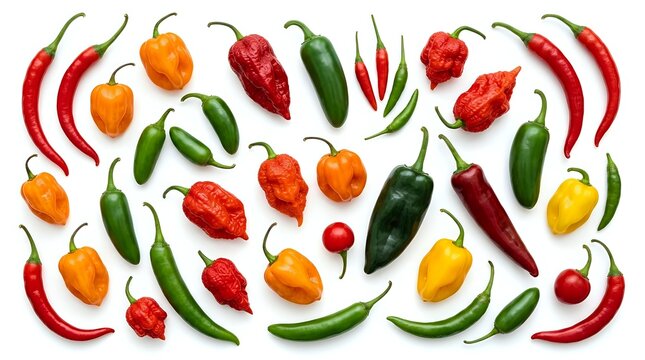 Assorted hot chili peppers and bell peppers in red, orange, yellow, and green varieties isolated on white background, ready for culinary, food design, and recipe illustration projects.