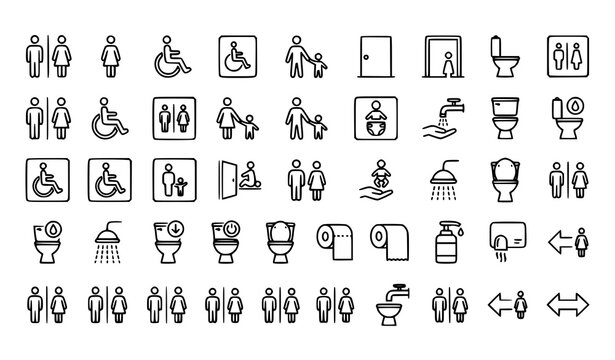 Restroom and WC Thin Line Icon Collection Vector