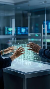 Two professionals interact with holographic data visualization displaying structural integrity analytics in modern tech office environment with digital screens.