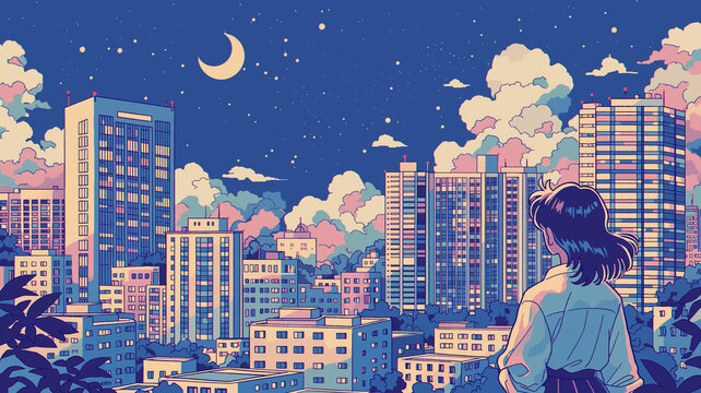 高層ビルが並ぶ夜の街で星空を見上げる女性のシティポップ風イラスト、レトロアニメ、80年代、都会、都市風景、夜景、月、雲、横顔、髪なびく、青春、ファッション、夢、希望、憧れ、エモい、かわいい、幻想的、ノスタルジー、ポスター、広告、チラシ、SNS、壁紙、配信背景、動画サムネイル、音楽ジャケット、挿絵、商用利用、素材集、キービジュアル、装丁、表紙、バナー、ヘッダー、待受、創作、物語背景、観賞用、季節素材