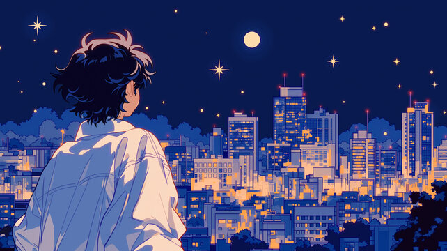月明かりと星が広がる都会の夜景を眺める少女のイラスト、シティポップ、レトロポップ、アニメ風、80年代、制服、横顔、ビル群、高層ビル、都市風景、青春、夢、希望、切なさ、エモい、かわいい、ノスタルジック、幻想的、雲、夜空、ポスター、広告、チラシ、SNS、壁紙、配信用背景、動画素材、音楽ジャケット、サムネイル、挿絵、商用利用、素材集、キービジュアル、装丁、表紙、バナー、ヘッダー、待受、創作、物語背景素材